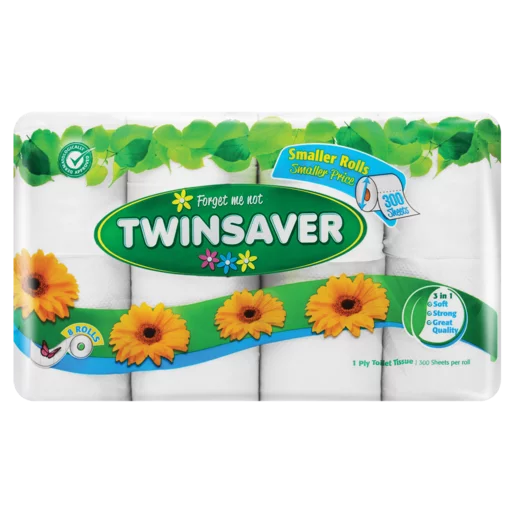 Twinsaver 1-Ply Toilet Paper 300 Sheets 8 Pack